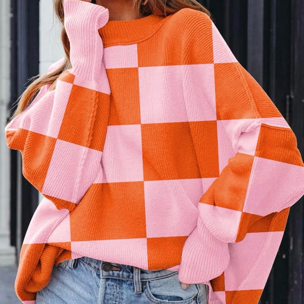 Oversized Sweater Batwing Sleeve, Side Slit.  Pink and Orange checkered.